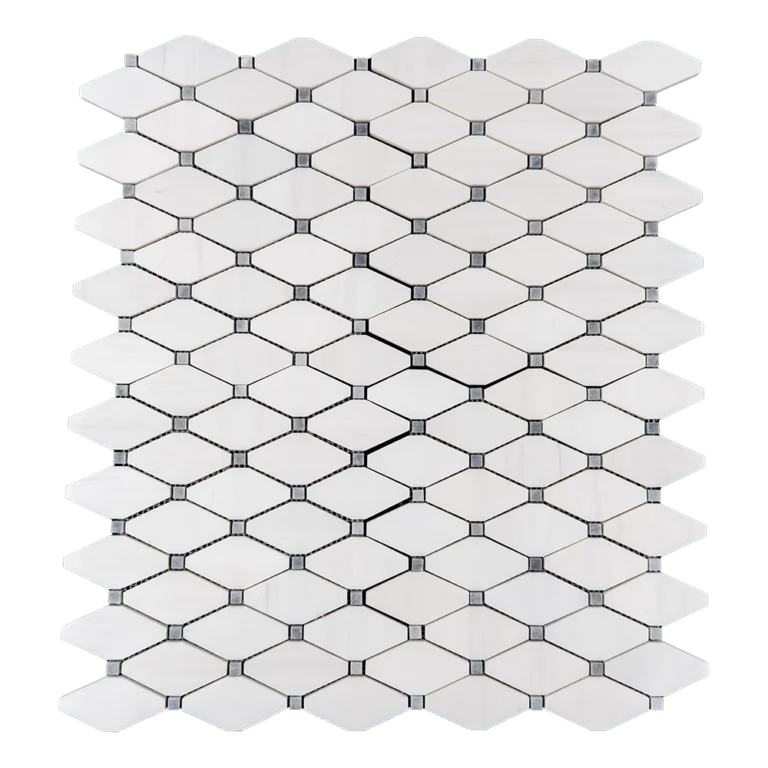 Top view of clipped diamond polished marble mosaic tile featuring Dolomite and gray stone blend