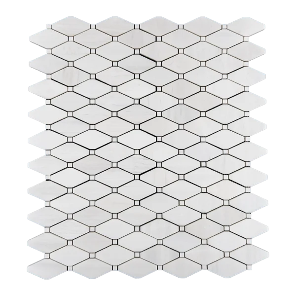 Top view of clipped diamond polished dolomite marble mosaic tile in white finish