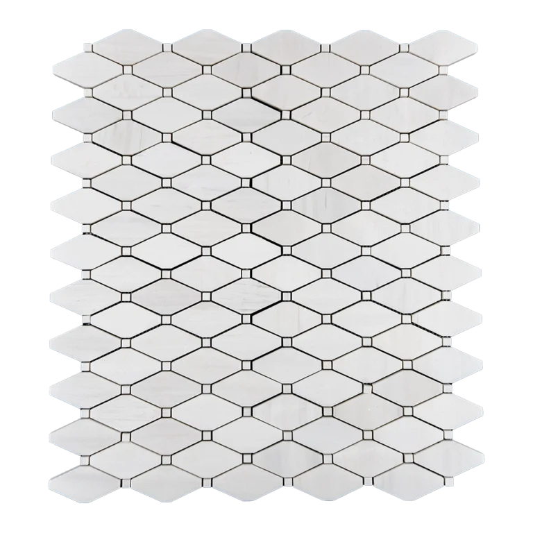 Top view of clipped diamond polished dolomite marble mosaic tile in white finish