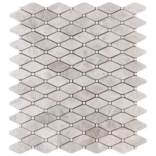 Top view of Clipped Diamond polished marble mosaic tile in white tones with natural veining
