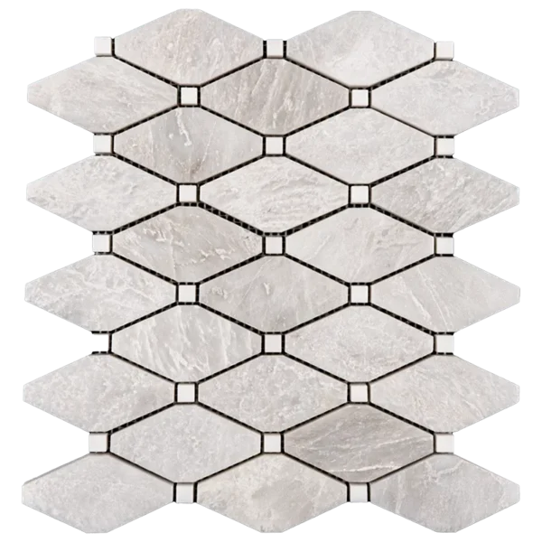 Front view of clipped diamond white marble mosaic tile with polished finish and white accent dots