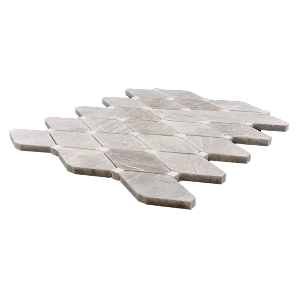 Side view of Clipped Diamond polished marble mosaic tile in white tones showing thickness and stone texture
