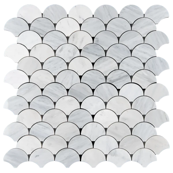 Fish scale mosaic tile made of polished Iceberg marble with light gray veining in a soft white, shown from top view