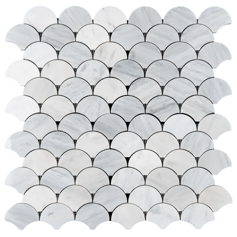 Fish scale mosaic tile made of polished Iceberg marble with light gray veining in a soft white, shown from top view