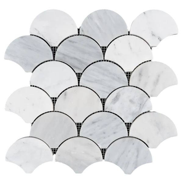 Top view of Carrara marble fish scale mosaic sheet featuring a polished finish and elegant light gray veining across white marble tiles