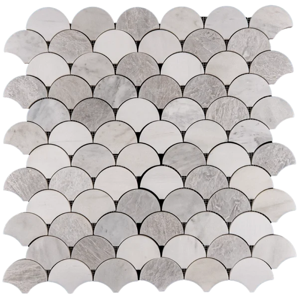 Fish scale mosaic tile sheet made of polished Dolomite, Iceberg, and Imperial White marble in a fan-shaped pattern with soft white and icy gray tones
