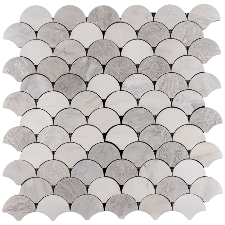 Fish scale mosaic tile sheet made of polished Dolomite, Iceberg, and Imperial White marble in a fan-shaped pattern with soft white and icy gray tones