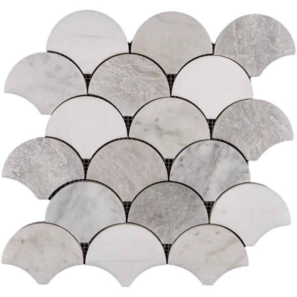 Close-up of polished fish scale mosaic tile made from Dolomite, Iceberg, and Imperial White marble in fan-shaped segments, featuring soft white and icy gray veining