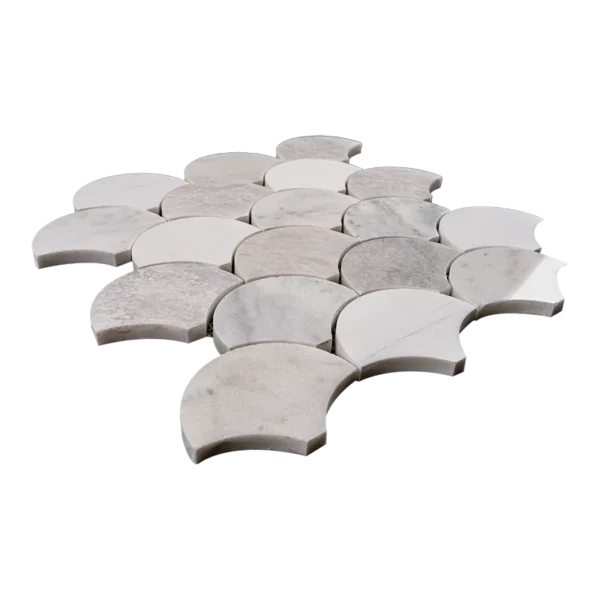Angled view of fish scale mosaic tile sheet made from polished Dolomite, Iceberg, and Imperial White marble with curved edges and varying white-gray tones