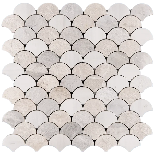 Fish scale mosaic tile sheet featuring a polished blend of Dolomite, Iceberg with icy veining, and Vanilla marble pieces, arranged in a scalloped pattern ideal for decorative wall applications
