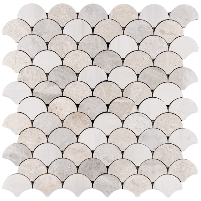 Fish scale mosaic tile sheet featuring a polished blend of Dolomite, Iceberg with icy veining, and Vanilla marble pieces, arranged in a scalloped pattern ideal for decorative wall applications