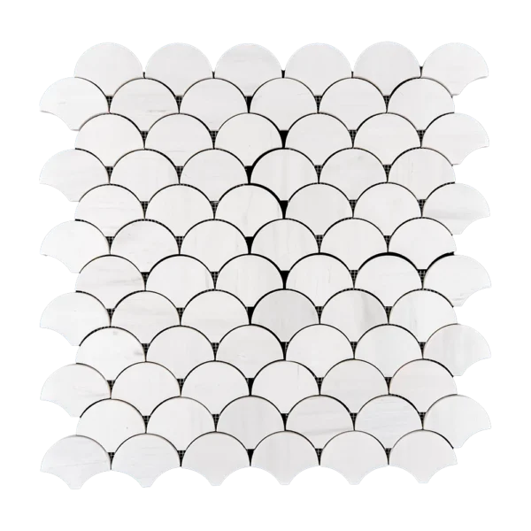 Fish scale mosaic tile sheet made from white Dolomite marble with a polished finish, featuring a curved scallop pattern ideal for walls, showers, and backsplashes