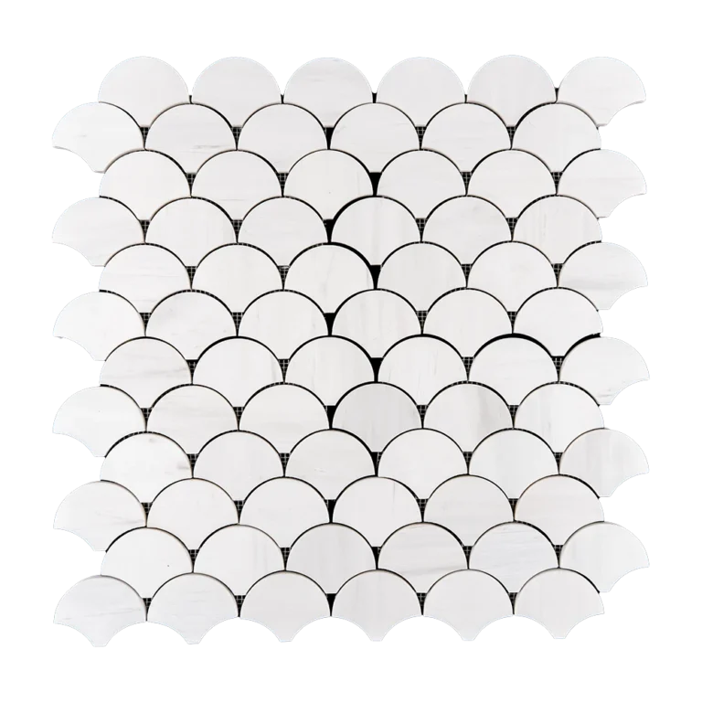 Fish scale mosaic tile sheet made from white Dolomite marble with a polished finish, featuring a curved scallop pattern ideal for walls, showers, and backsplashes