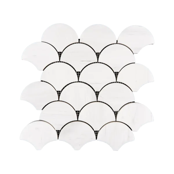 Front view of polished white Dolomite marble fish scale mosaic tile sheet, featuring smooth curved shapes with subtle natural veining.