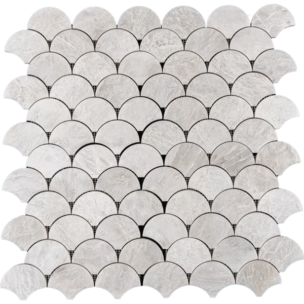 Fish scale mosaic tile made of polished Iceberg marble in soft white tones with subtle icy veining, arranged in an overlapping fan pattern