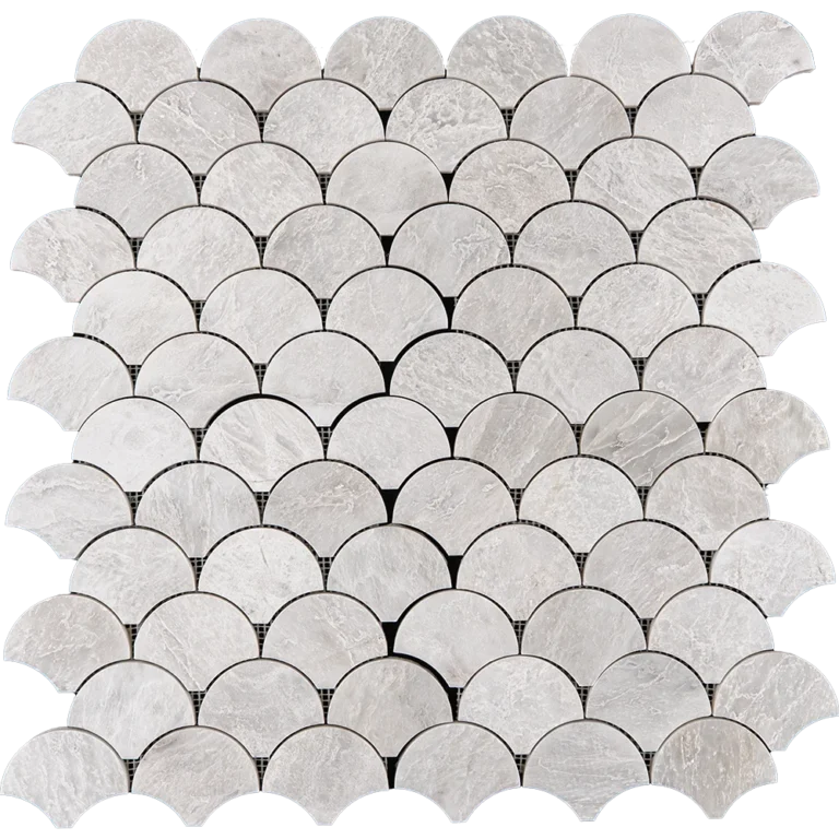 Fish scale mosaic tile made of polished Iceberg marble in soft white tones with subtle icy veining, arranged in an overlapping fan pattern