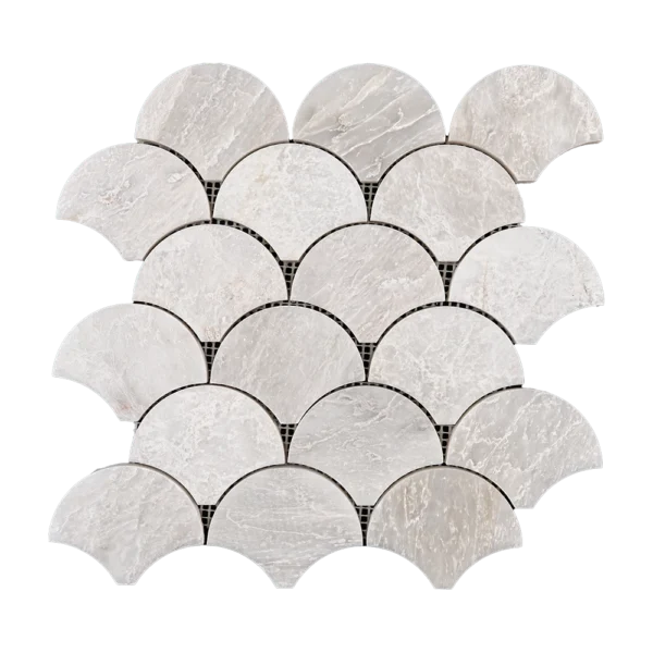 Top view of Fish Scale Iceberg Marble Mosaic Tile featuring a polished finish and elegant icy veining, perfect for adding movement and texture to interior walls