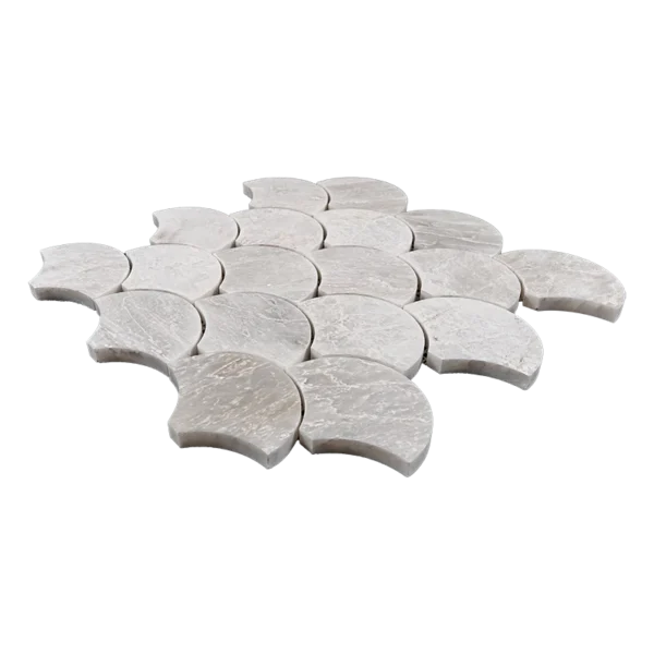 Angled view of Fish Scale Iceberg Marble Mosaic Tile showcasing polished surface and icy veining, ideal for elegant wall installations in bathrooms or kitchens