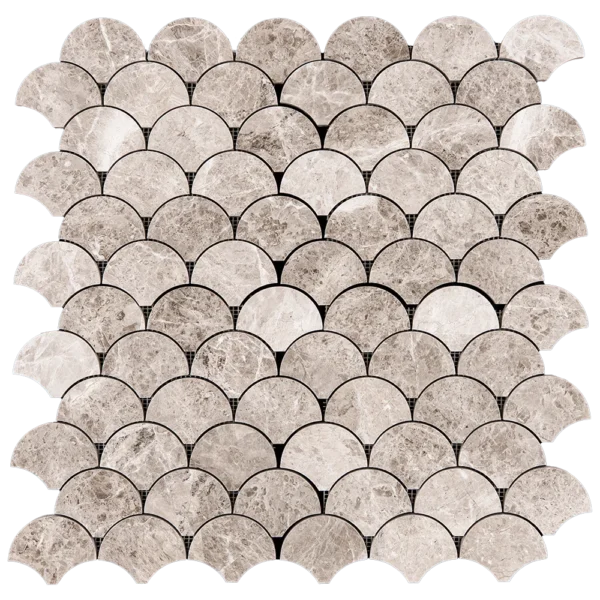 Polished fish scale mosaic tile made from Silver Diamond marble in warm tones, featuring a curved fan shape and glossy surface