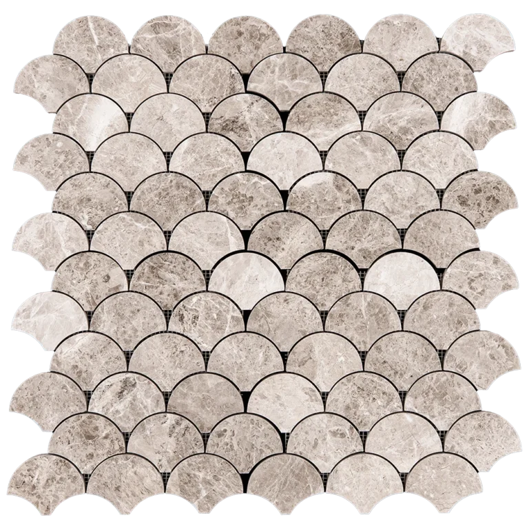 Polished fish scale mosaic tile made from Silver Diamond marble in warm tones, featuring a curved fan shape and glossy surface