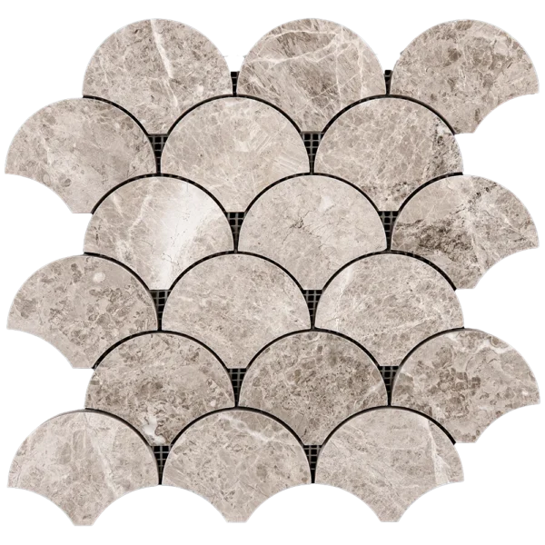 Top view of polished fish scale mosaic tile sheet made from Silver Diamond marble, featuring warm tones and a classic curved fan shape