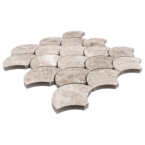 ngled view of polished fish scale mosaic tile sheet made from Silver Diamond marble, featuring warm tones and a curved fan-shaped design