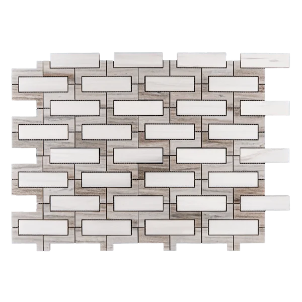 Rectangular interlocking mosaic sheet featuring polished Dolomite inserts framed by linear Palissandro marble borders, arranged in a clean stacked layout with soft veining contrast.