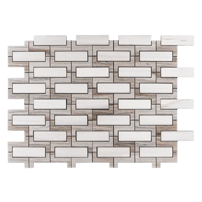 Rectangular interlocking mosaic sheet featuring polished Dolomite inserts framed by linear Palissandro marble borders, arranged in a clean stacked layout with soft veining contrast.