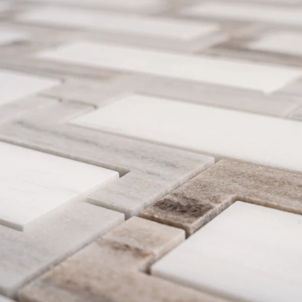 Half-sheet view of Albis mosaic tile showcasing repeating rectangular patterns with Dolomite centers and distinct Palissandro stone outlining for a framed, dimensional effect