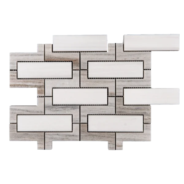 Close-up side angle of Albis mosaic tile highlighting the smooth polished Dolomite center pieces and the subtle brown and beige linear veining of the Palissandro marble frame.
