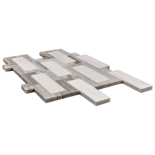 Perspective view of Albis tile sheet revealing the dimensional layering between the white Dolomite marble and the surrounding Palissandro framework