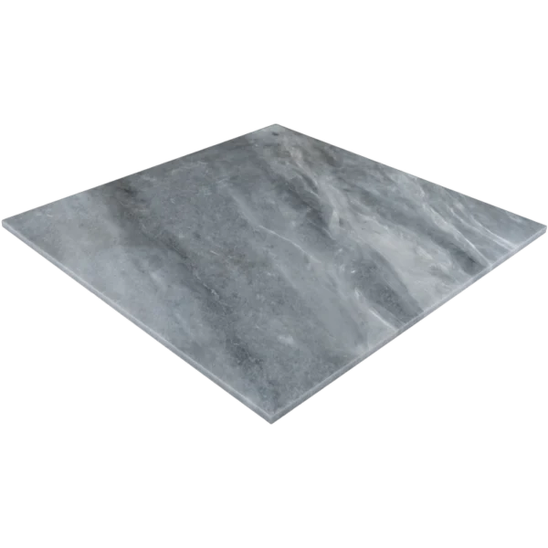 Angled perspective of a 24"x24" Bardiglio marble tile with honed surface and straight edges, highlighting the elegant natural veining in soft gray hues.