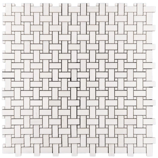 White basketweave mosaic tile with honed Dolomite finish in a geometric grid layout.