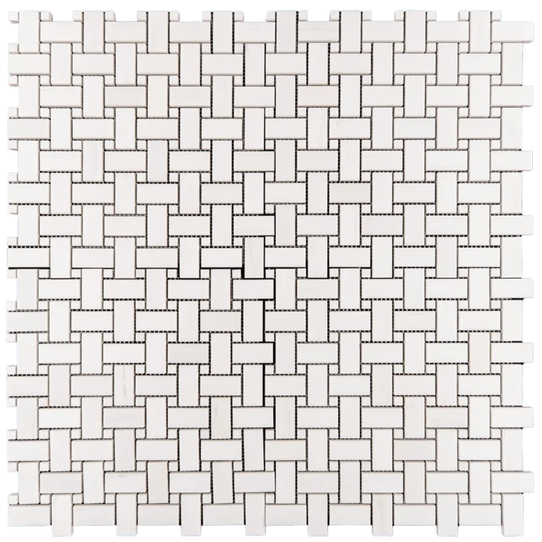 White basketweave mosaic tile with honed Dolomite finish in a geometric grid layout.