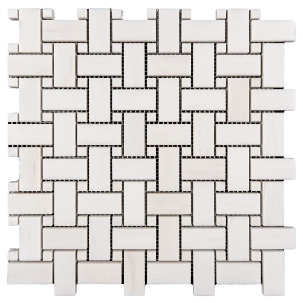 Close-up of a Dolomite honed basketweave mosaic tile with smooth rectangular pieces.