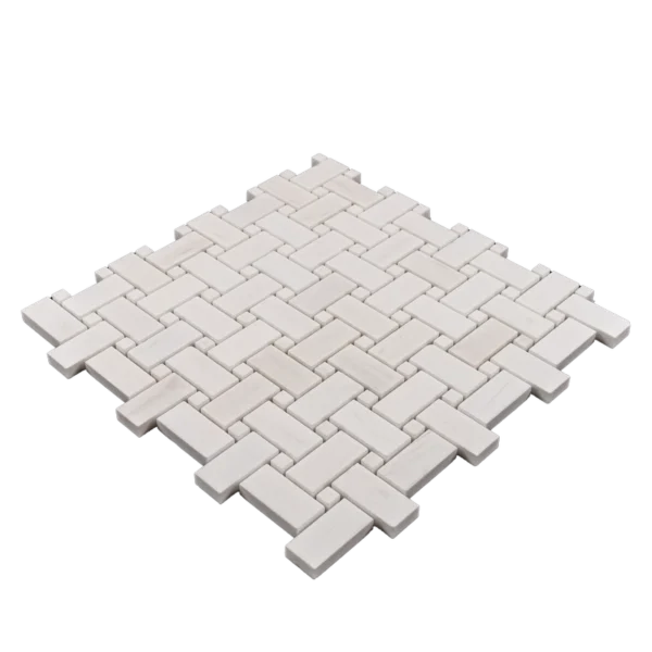 Dolomite honed basketweave mosaic tile sheet with a seamless and intricate interlocking pattern.