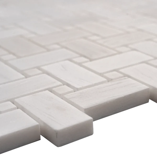 Perspective shot of Dolomite honed basketweave mosaic tile, emphasizing the texture and geometric design.