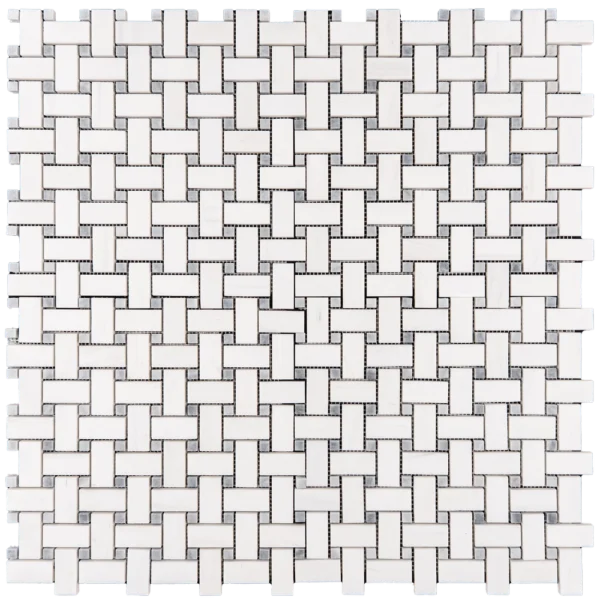 Dolomite basketweave mosaic tile with honed white and gray accents, arranged in a grid pattern.