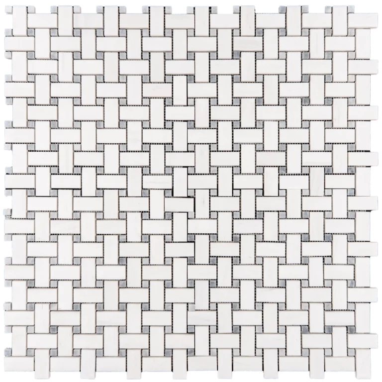 Dolomite basketweave mosaic tile with honed white and gray accents, arranged in a grid pattern.