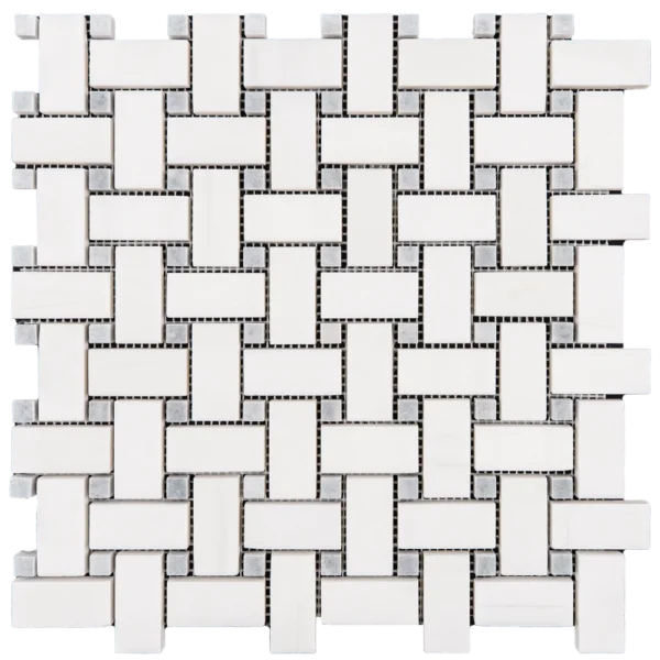 Close-up of Dolomite basketweave mosaic tile with honed white rectangles and gray accent dots.