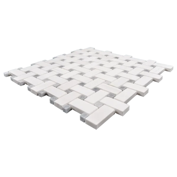 High-resolution close-up of white and gray Dolomite basketweave mosaic tile highlighting texture and layout.