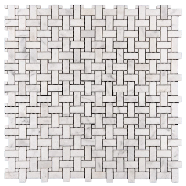 Milas honed white marble basketweave mosaic tile sheet, featuring subtle gray veining and a refined geometric design.