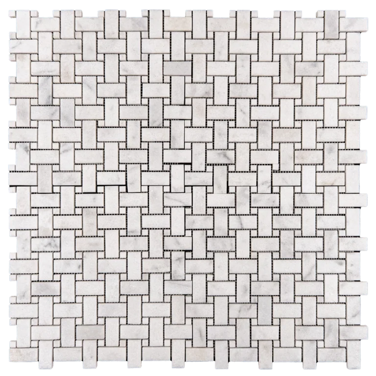 Milas honed white marble basketweave mosaic tile sheet, featuring subtle gray veining and a refined geometric design.