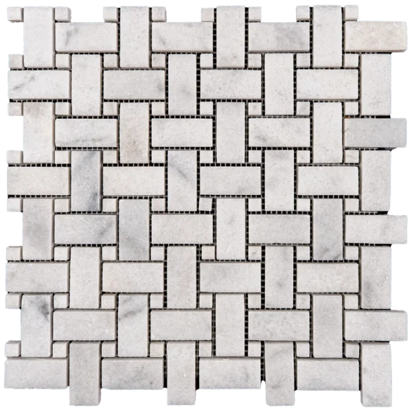 Detailed view of Milas honed white marble basketweave mosaic tile sheet with interlocking rectangular pieces.