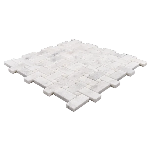 Perspective shot of Milas honed marble basketweave mosaic tile emphasizing the texture and modern design.