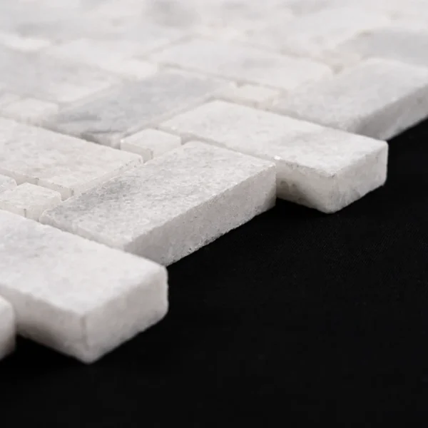 Detailed image of Milas honed white marble basketweave mosaic tile sheet showcasing a clean and elegant finish.