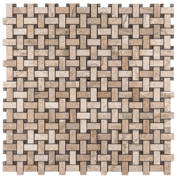 Royal Beige polished marble basketweave mosaic tile sheet featuring interlocking rectangular pieces.