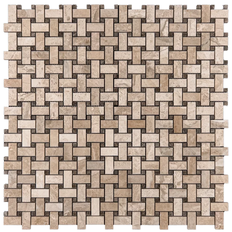 Royal Beige polished marble basketweave mosaic tile sheet featuring interlocking rectangular pieces.