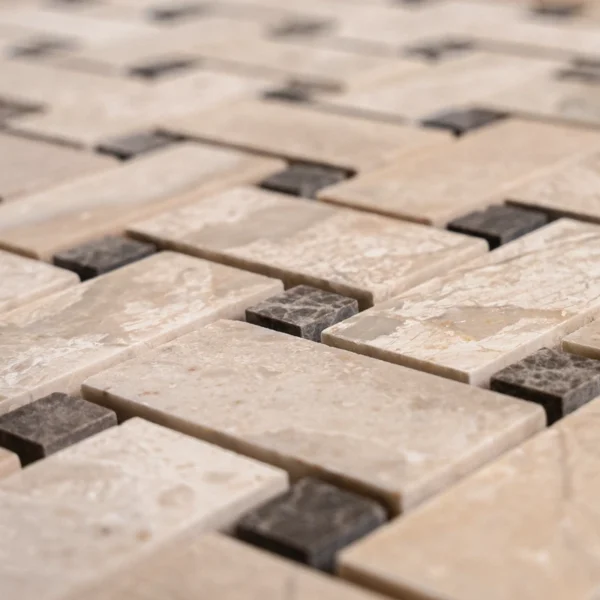 Close-up view of Royal Beige polished basketweave mosaic tile with a glossy finish and natural veining.