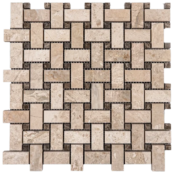 Detailed image of polished Royal Beige marble basketweave mosaic tile showcasing its smooth texture and rich tones.